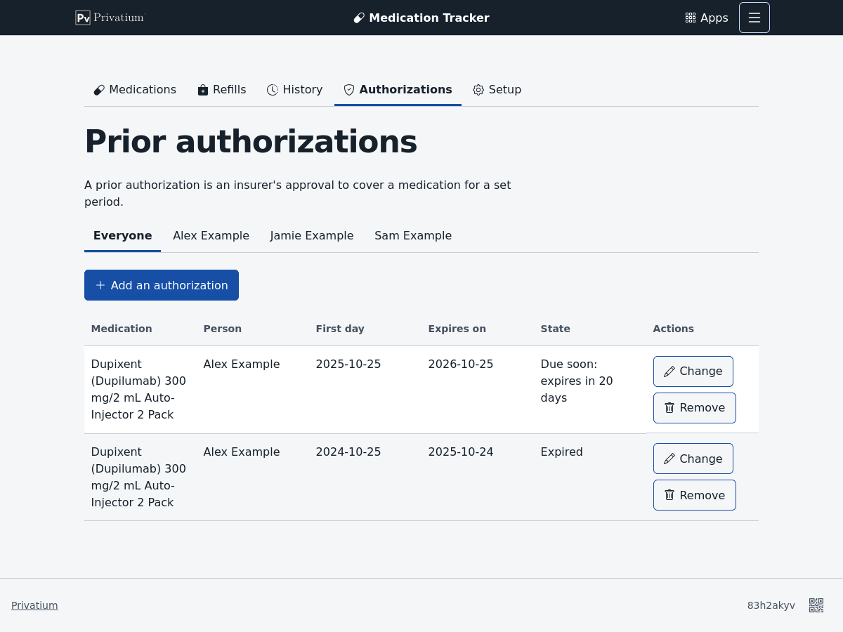 The Prior authorizations page. A table lists each approval with the medicine, the person, the first day, the expiration date and its state, such as Due soon or Expired.