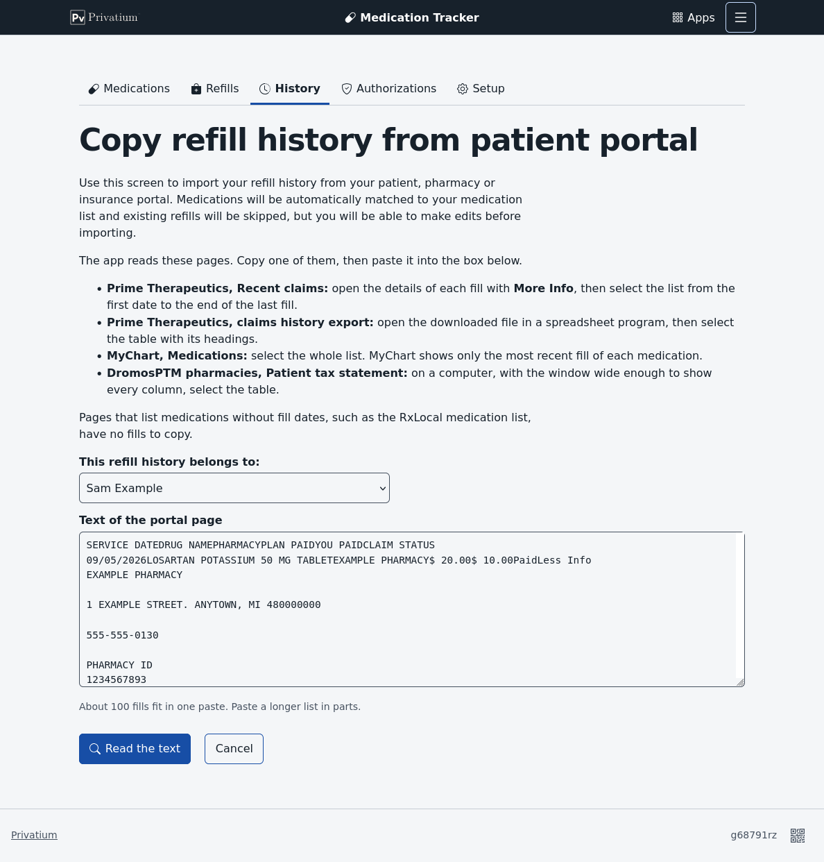 The Copy refill history from patient portal page. It lists the four portal pages the app reads, with how to copy each. Below, a drop-down asks who the refill history belongs to, and a large box holds text copied from a portal.