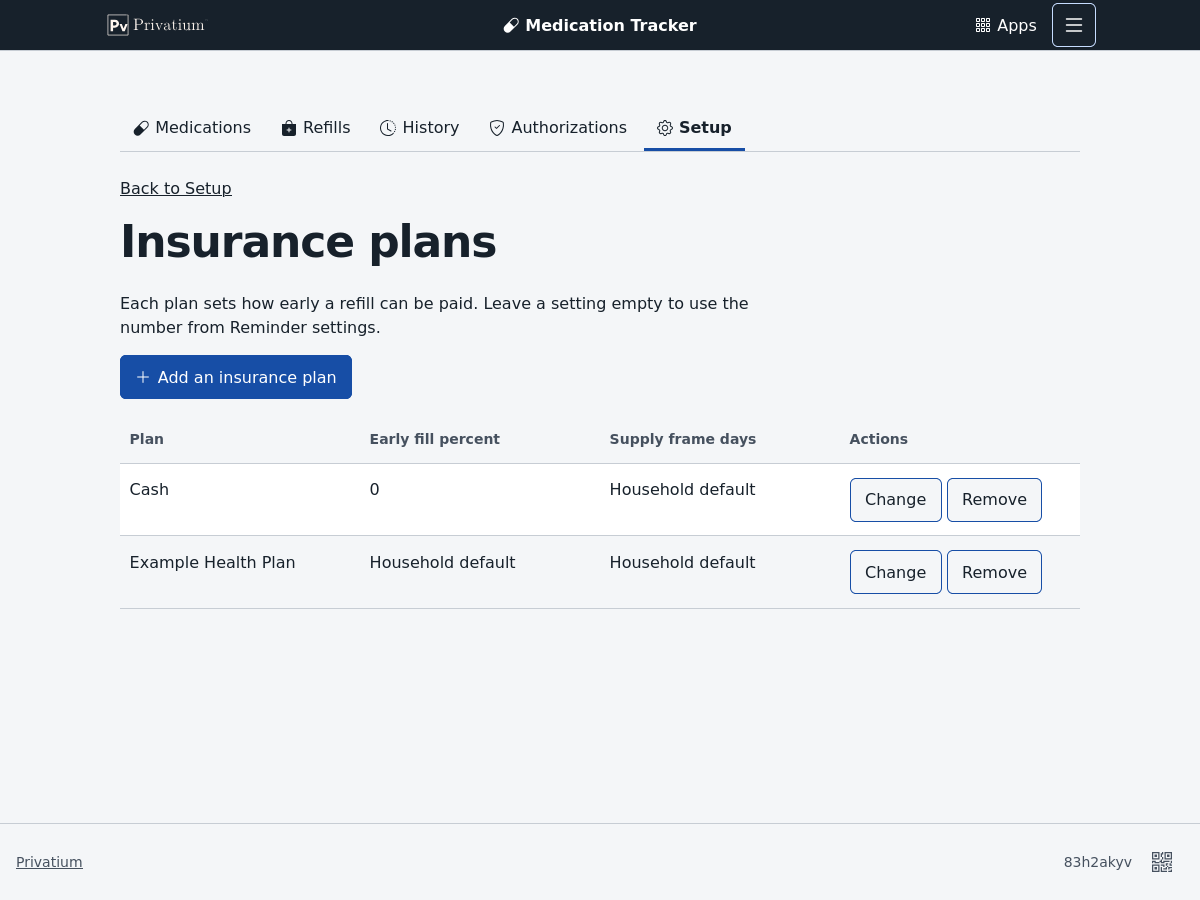 The Insurance plans page. Cash has an early fill percent of 0, and Example Health Plan uses the household defaults.