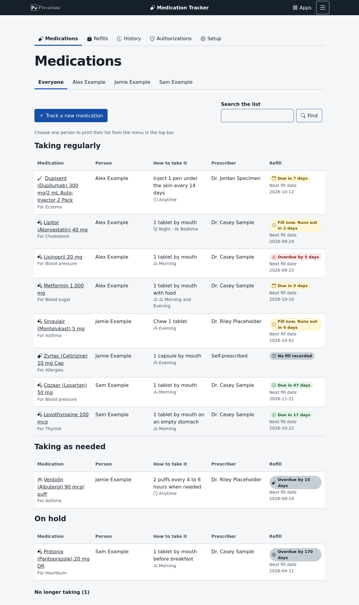 The Medications page. A dark bar at the top holds the Privatium logo, the title Medication Tracker, an Apps link and a Menu button. Below it are five tabs: Medications, Refills, History, Authorizations and Setup. The page lists each family member's medicines with how to take them, the prescriber and the refill status. A small icon stands before each time of day, such as a clock for Anytime and a moon for Night - At Bedtime.