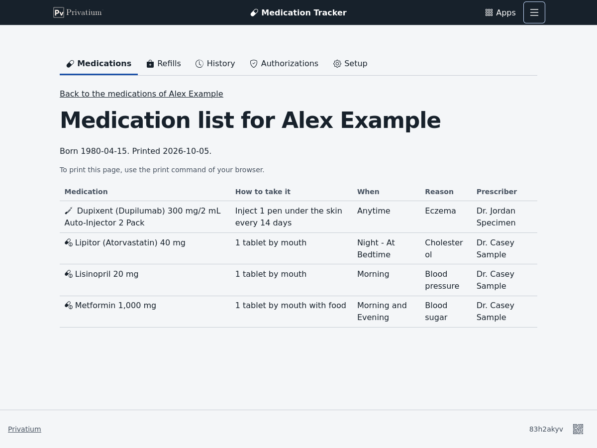 A printable medication list for Alex Example, with the birth date, the date printed, and a table of each medicine with how to take it, when, the reason and the prescriber.