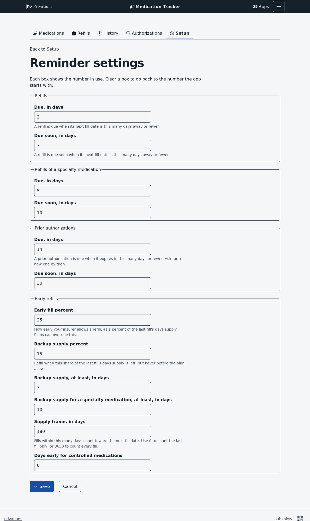 The Reminder settings page. Boxes show the numbers in use: due at 3 days and due soon at 7, 5 and 10 for specialty medicines, 14 and 30 for prior authorizations, an early fill percent of 25, a backup supply of 15 percent and at least 7 days, 10 for specialty medicines, a supply frame of 180 days and 0 days early for controlled medicines.