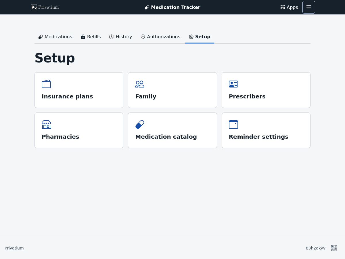 The Setup page, with six tiles: Insurance plans, Family, Prescribers, Pharmacies, Medication catalog and Reminder settings.